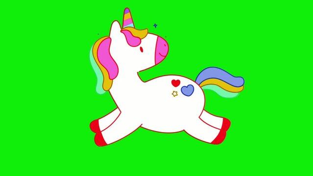 Animated unicorn flying over a rainbow, with a green screen background.
