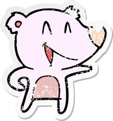distressed sticker of a laughing bear cartoon