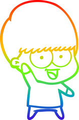rainbow gradient line drawing happy cartoon boy waving