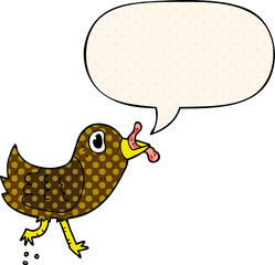 cartoon bird and worm and speech bubble in comic book style