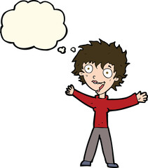 cartoon excited woman with thought bubble