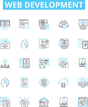 Web development vector line icons set. Web, Development, HTML, CSS, JavaScript, AJAX, PHP illustration outline concept symbols and signs
