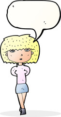 cartoon shy woman with speech bubble