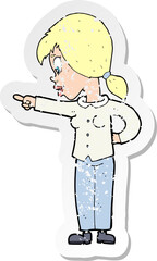 retro distressed sticker of a cartoon enthusiastic woman pointing