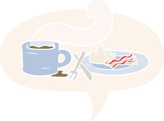cartoon breakfast of coffee and bacon and speech bubble in retro style