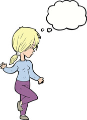 cartoon girl dancing with thought bubble