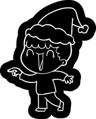 laughing cartoon icon of a man pointing wearing santa hat