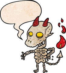 cartoon spooky skeleton demon and speech bubble in retro texture style