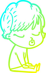 cold gradient line drawing cartoon woman with eyes shut