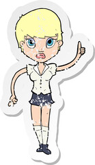 retro distressed sticker of a cartoon pretty woman with idea