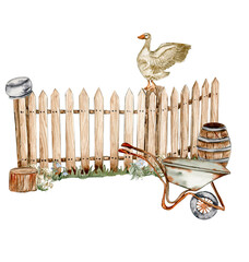 Watercolor composition of an old wooden fence with goose, metal cart . Hand-drawn illustration with watercolour on a white background. Perfect for wedding invitation, greetings card, party decor.