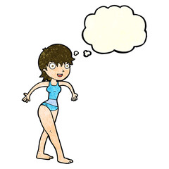 cartoon happy woman in swimming costume with thought bubble