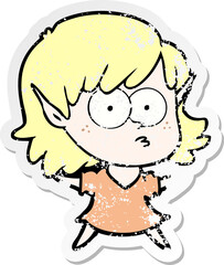 distressed sticker of a cartoon elf girl staring