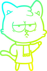 cold gradient line drawing bored cartoon cat in winter clothes