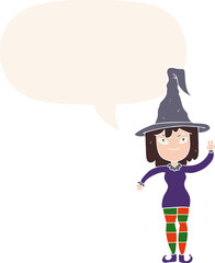cartoon witch and speech bubble in retro style