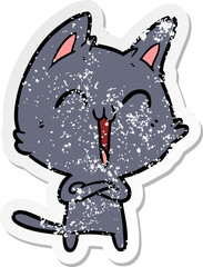 distressed sticker of a happy cartoon cat meowing
