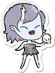 distressed sticker of a cartoon laughing vampire girl with skull