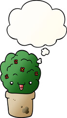 cartoon shrub in pot and thought bubble in smooth gradient style