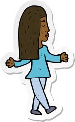 sticker of a cartoon woman shrugging shoulders