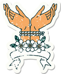 grunge sticker with banner of hands tied