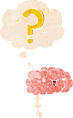 cartoon curious brain and thought bubble in retro textured style