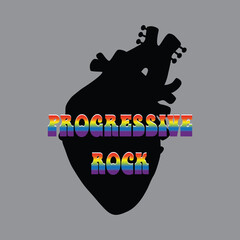  Illustration progressive rock music concept with human heart and guitar parts. Symbolic old school artistic poster.