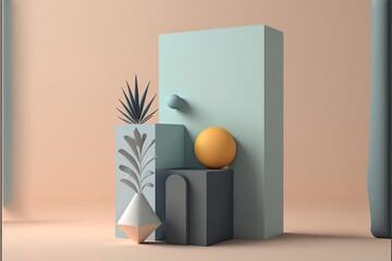 3d podium minimal scene with geometrical product, scene to show cosmetic products, yellow background shadows, generative ai.