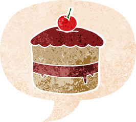 cartoon cake and speech bubble in retro textured style