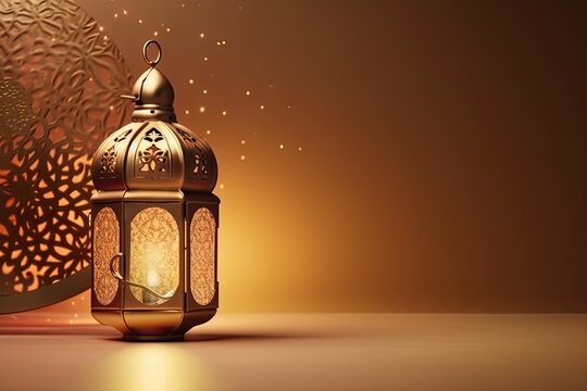 Islamic gold lantern stands with candle light ornament ramadan kareem green background generated AI