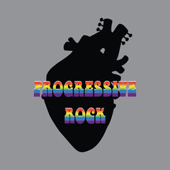 Vector illustration progressive rock music concept with human heart and guitar parts. Symbolic old school artistic poster.