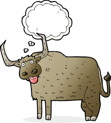 cartoon hairy cow with thought bubble