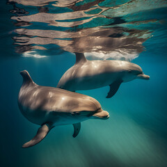 Naklejka premium dolphin underwater on blue ocean backgroundAi generative