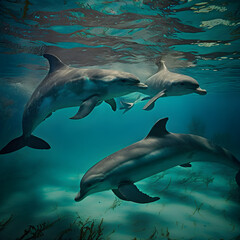 dolphin in the sea,dolphin underwater  on blue ocean background.Ai generative