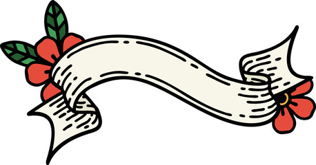 traditional tattoo of a banner and flowers