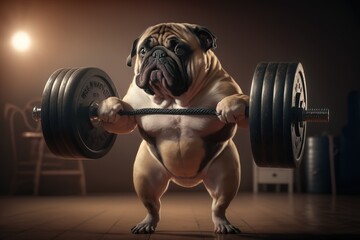 Hund beim Gewichtheben. 3D Cartoon Mops trainiert im Fitnessstudio mit schweren Gewichten - obrazy, fototapety, plakaty