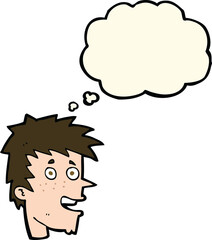 cartoon happy boy face with thought bubble