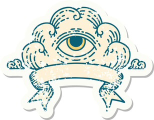 grunge sticker with banner of an all seeing eye cloud