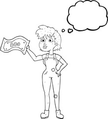thought bubble cartoon confident farmer woman with money