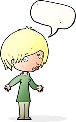 cartoon woman shrugging shoulders with speech bubble
