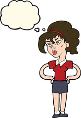 cartoon woman with hands on hips with thought bubble