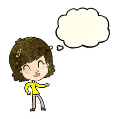 cartoon happy woman pointing with thought bubble