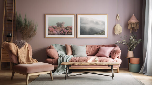 Bohemian Interior Design Style living room in pastel colors mock-up with frame for picture generative ai