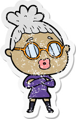 distressed sticker of a cartoon woman wearing spectacles