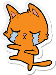 sticker of a crying cartoon cat dancing