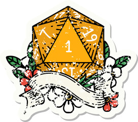 natural one d20 dice roll grunge sticker