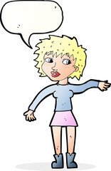 cartoon friendly woman waving with speech bubble