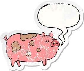 cartoon pig and speech bubble distressed sticker