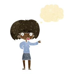 cartoon woman gesturing with thought bubble
