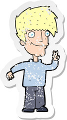 retro distressed sticker of a cartoon man giving peace sign