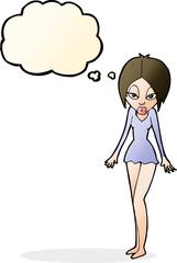 cartoon woman in short dress with thought bubble